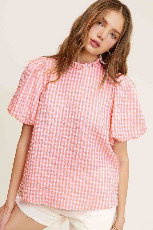Gingham Check Print Puff Sleeve Top - SwagglyLife Home & Fashion