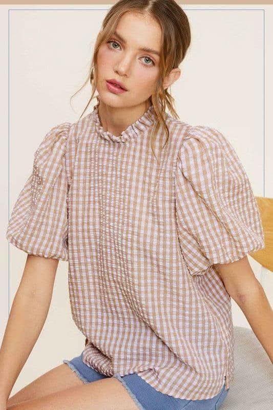 Gingham Check Print Puff Sleeve Top - SwagglyLife Home & Fashion