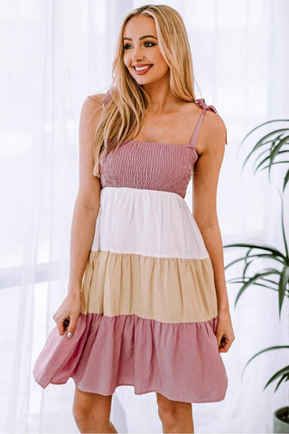 Color Block Tie Shoulder Tiered Dress - SwagglyLife Home & Fashion
