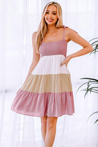 Color Block Tie Shoulder Tiered Dress - SwagglyLife Home & Fashion