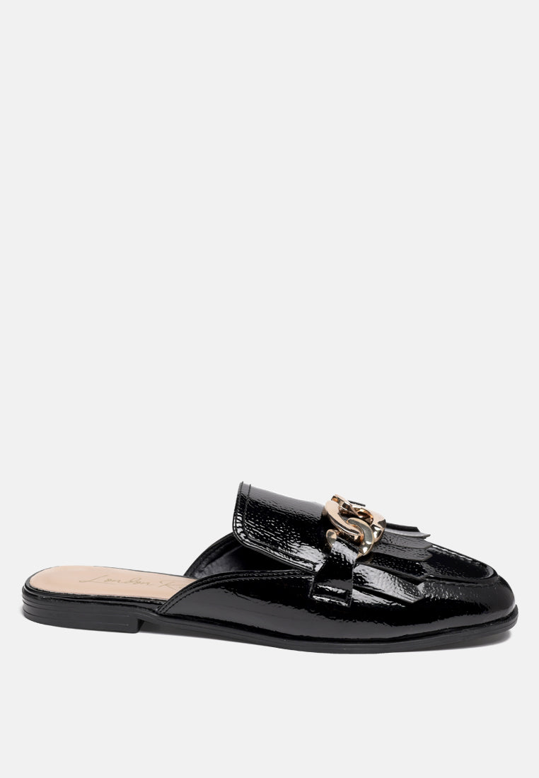 Gladioli Metal Buckled Fringe Detail Mules in Black - Mules photo