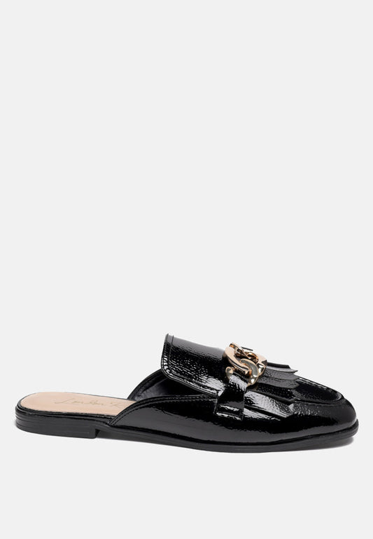 Gladioli Metal Buckled Fringe Detail Mules in Black - Mules photo