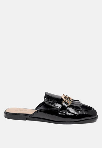 Gladioli Metal Buckled Fringe Detail Mules in Black - Mules photo