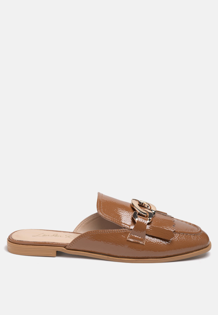 Gladioli Metal Buckled Fringe Detail Mules in Taupe - Mules photo