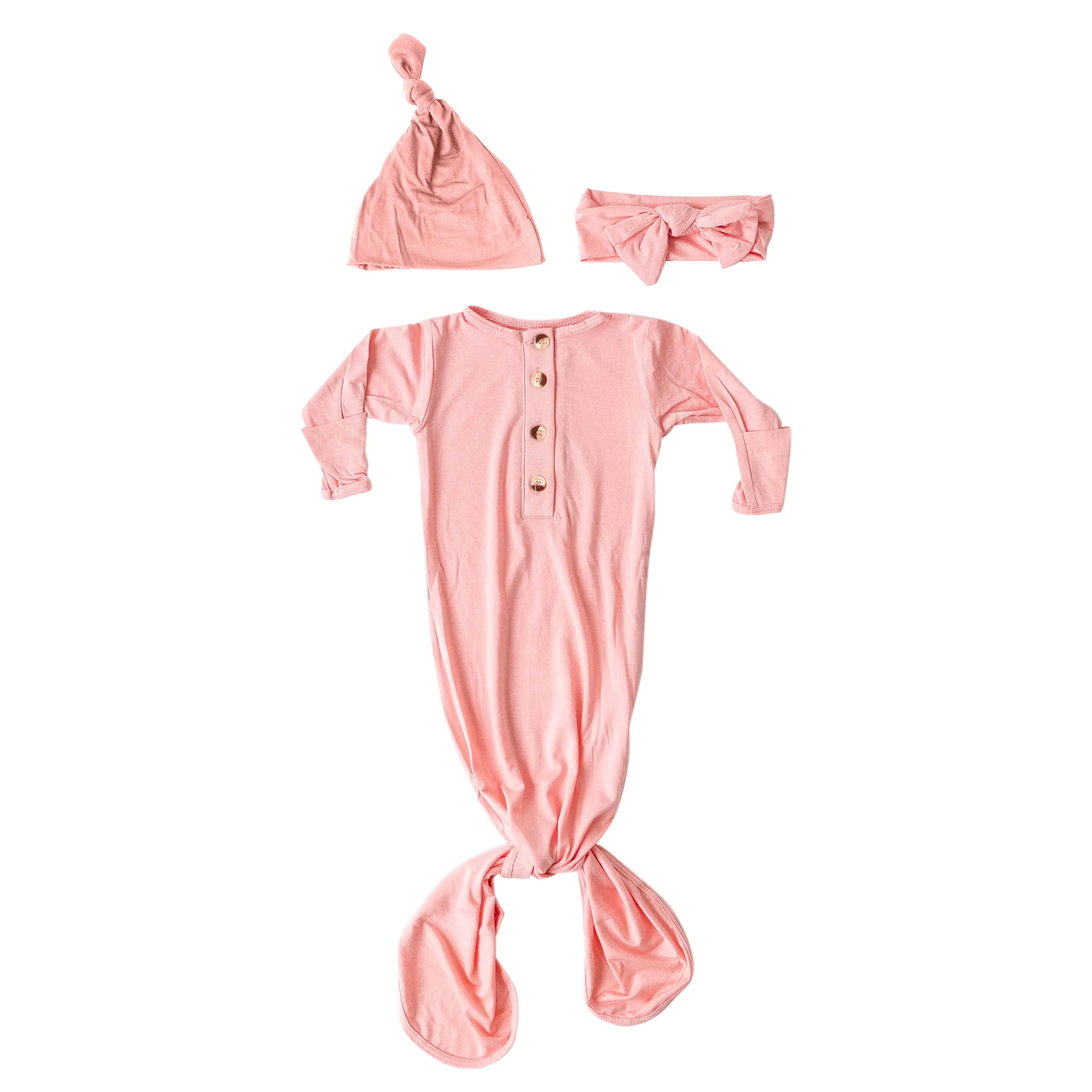 Newborn Knotted Baby Gown and Hat Set with Headband - Pink in - Newborn Knotted Baby Gown Sets photo