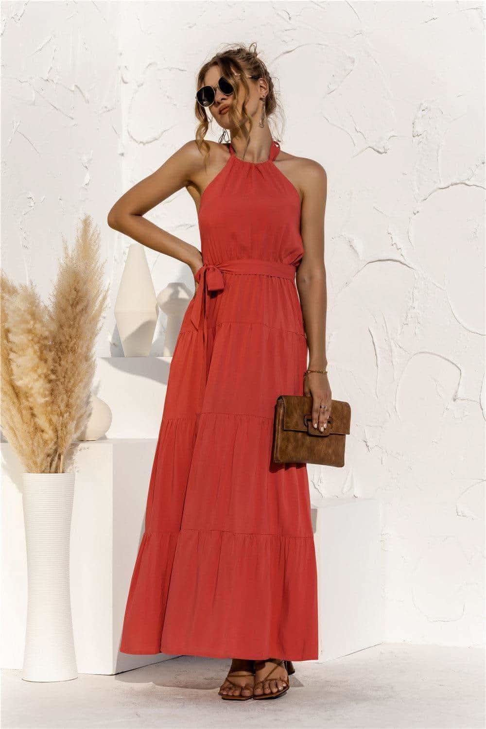 Halter Neck Tie Waist Tiered Maxi Dress - SwagglyLife Home & Fashion