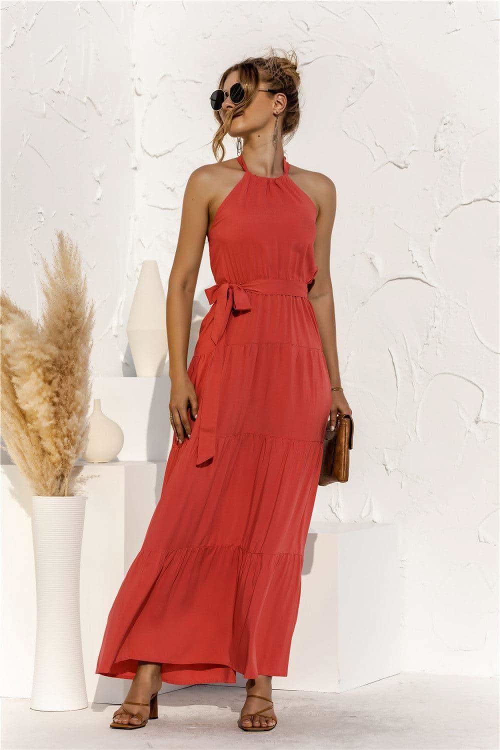 Halter Neck Tie Waist Tiered Maxi Dress - SwagglyLife Home & Fashion