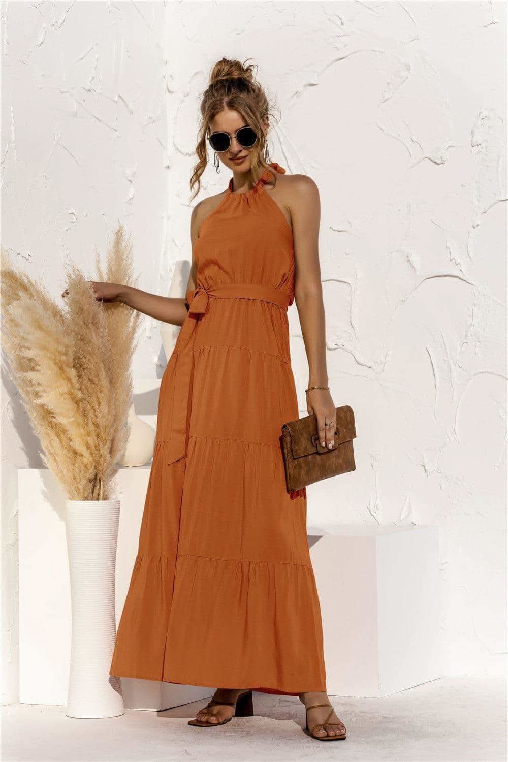 Halter Neck Tie Waist Tiered Maxi Dress - SwagglyLife Home & Fashion