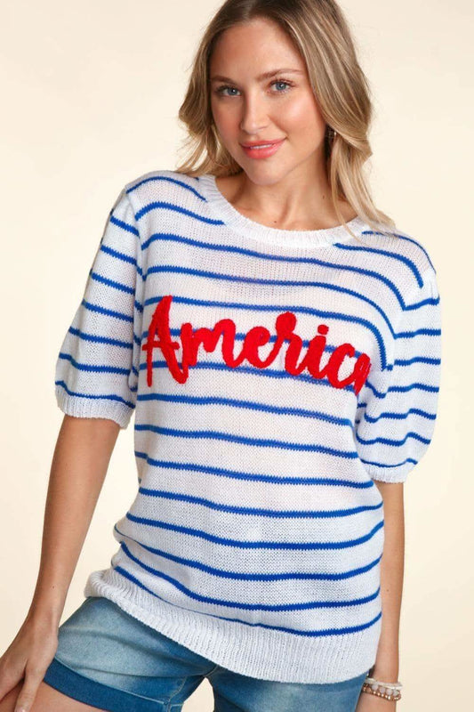 Haptics Letter Embroidery Striped Knit Top in Ivory Blue Red - Clothing Tops photo