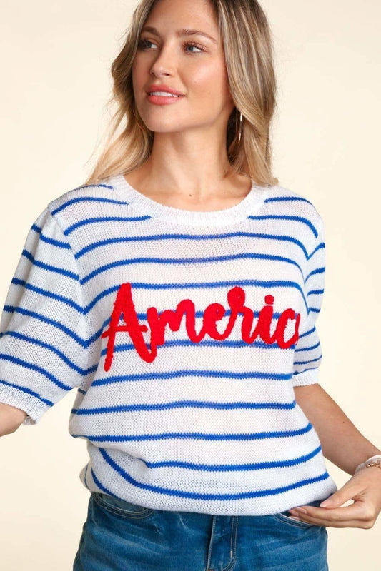 Haptics Letter Embroidery Striped Knit Top in - Clothing Tops photo