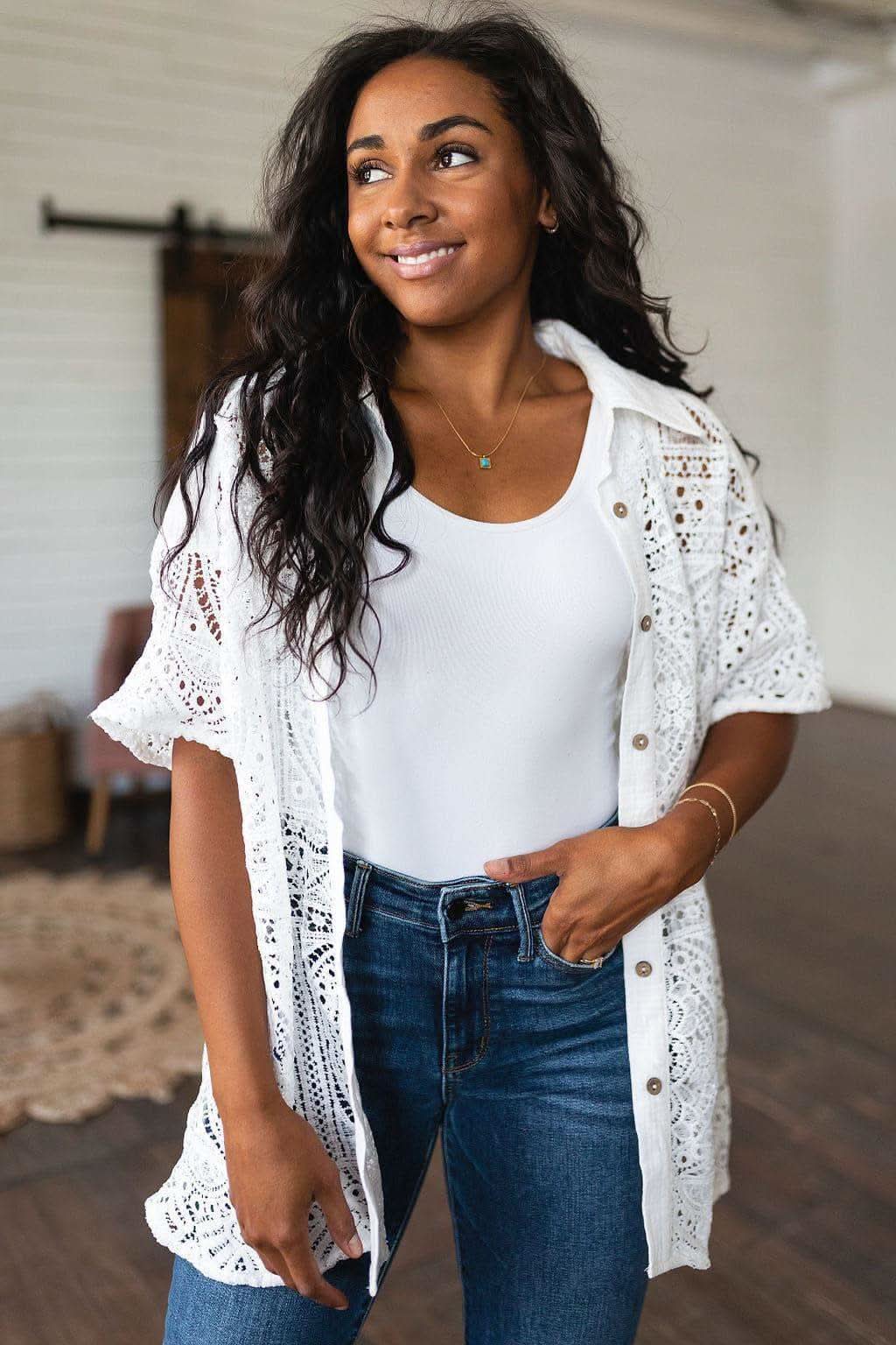 Head in the Clouds Lace Button Down - SwagglyLife Home & Fashion