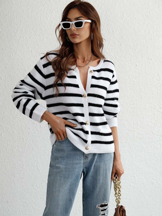 Striped Button Front Cardigan in White - Shirts & Tops photo