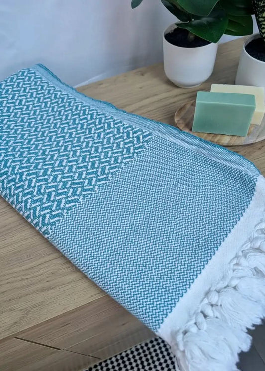 Heirloom Beach Collection - Handwoven Turkish Cotton Oversized Beach Towels in Lattice Nomad Blue - Beach Towel photo
