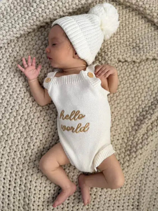 Newborn Knit Romper Set – Hello World, LITTLE SISTER and LITTLE BROTHER Embroidered Baby Outfit with Hat & Booties or Headband | Soft Coming Home Outfit in - Kids clothes photo