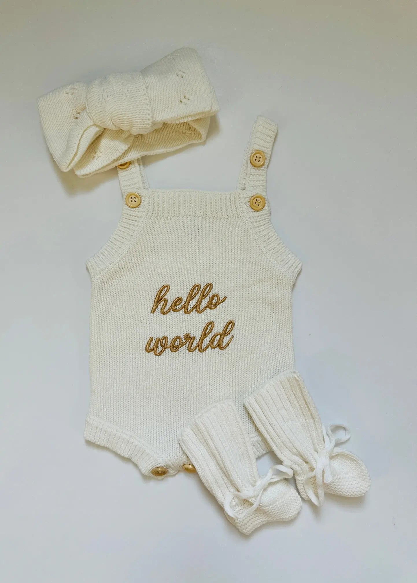 Newborn Knit Romper Set – Hello World, LITTLE SISTER and LITTLE BROTHER Embroidered Baby Outfit with Hat & Booties or Headband | Soft Coming Home Outfit in - Kids clothes photo