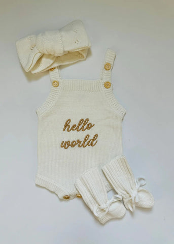 Newborn Knit Romper Set – Hello World, LITTLE SISTER and LITTLE BROTHER Embroidered Baby Outfit with Hat & Booties or Headband | Soft Coming Home Outfit in - Kids clothes photo