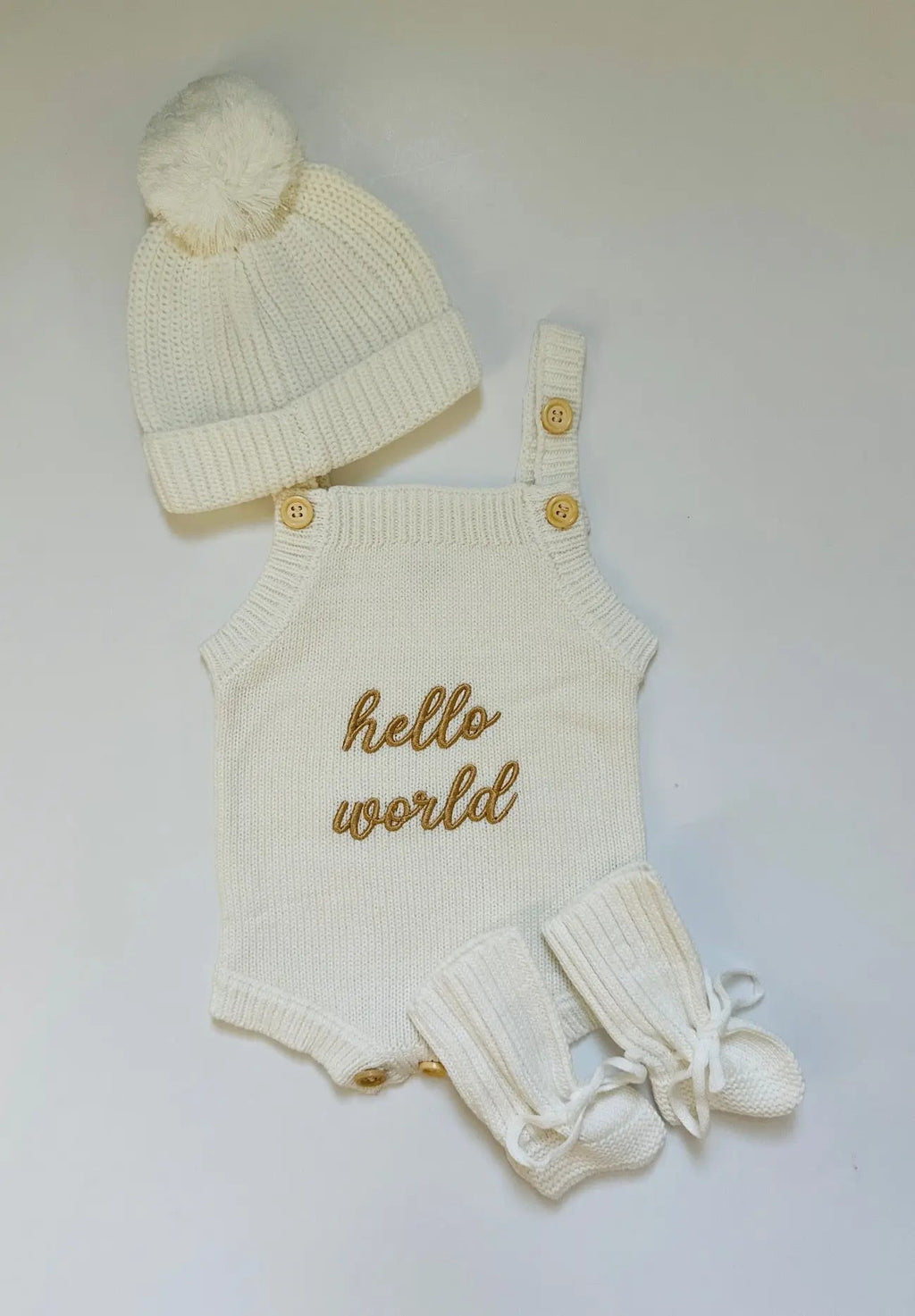 Newborn Knit Romper Set – Hello World, LITTLE SISTER and LITTLE BROTHER Embroidered Baby Outfit with Hat & Booties or Headband | Soft Coming Home Outfit in - Kids clothes photo