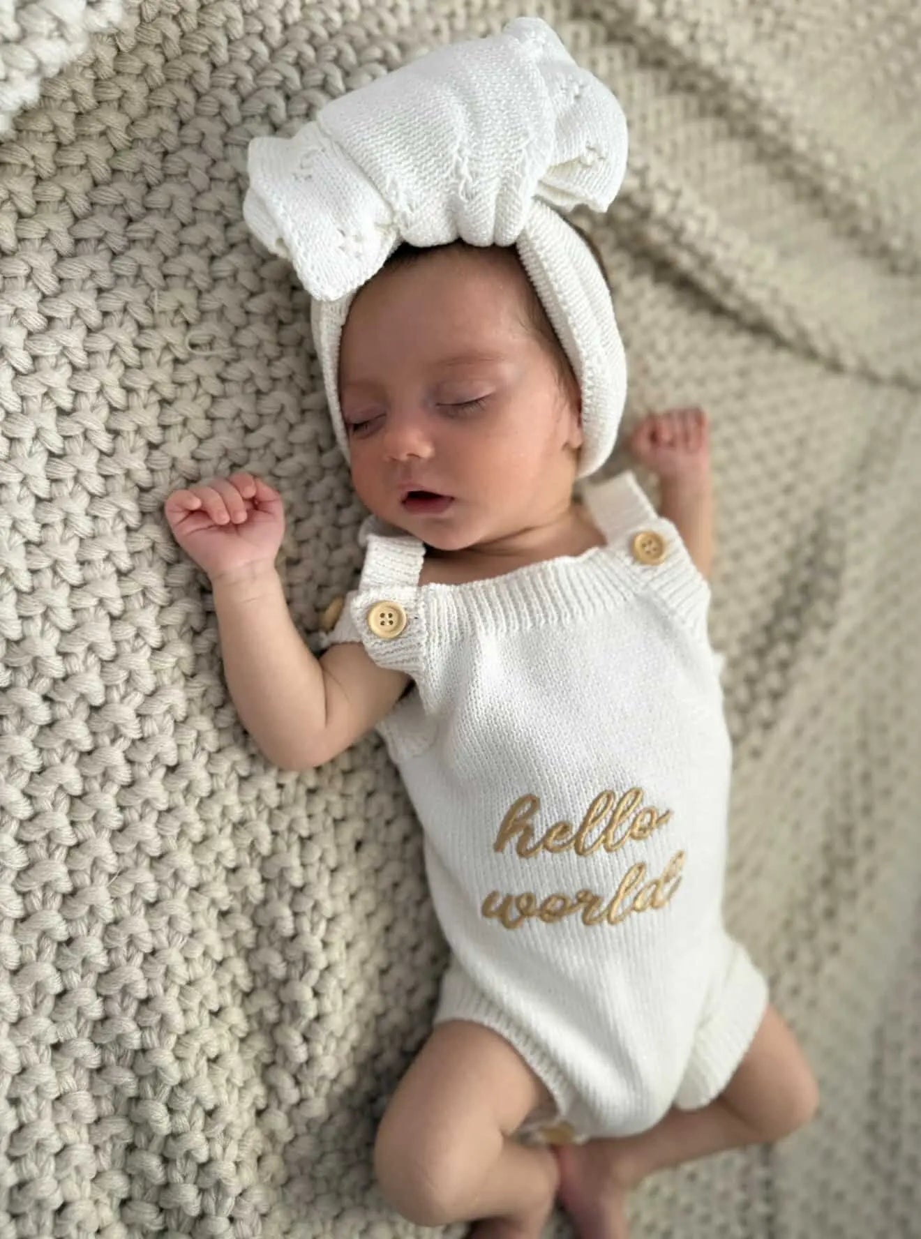 Newborn Knit Romper Set – Hello World, LITTLE SISTER and LITTLE BROTHER Embroidered Baby Outfit with Hat & Booties or Headband | Soft Coming Home Outfit in - Kids clothes photo