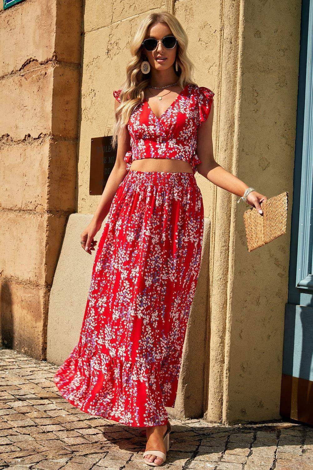 Printed Tie Back Cropped Top and Maxi Skirt Set - SwagglyLife Home & Fashion