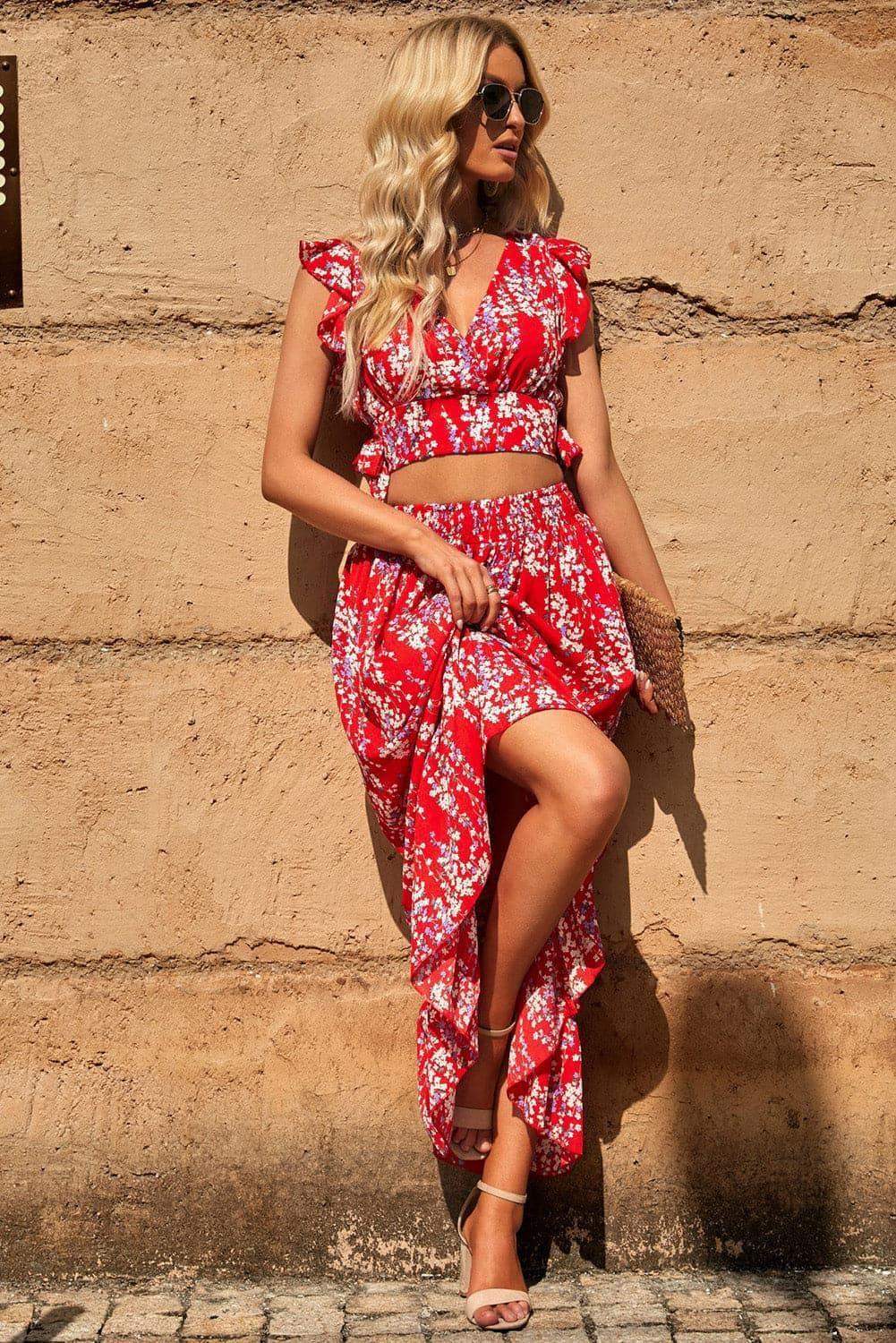 Printed Tie Back Cropped Top and Maxi Skirt Set - SwagglyLife Home & Fashion