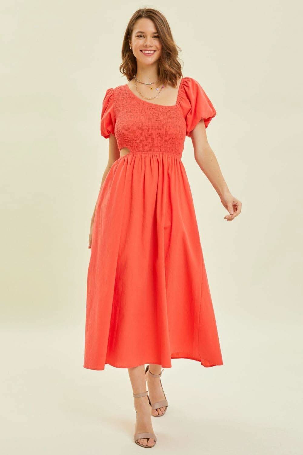 HEYSON Smocked Cutout Midi Dress - SwagglyLife Home & Fashion
