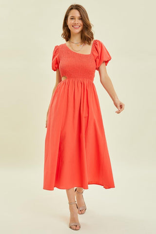 HEYSON Smocked Cutout Midi Dress - SwagglyLife Home & Fashion