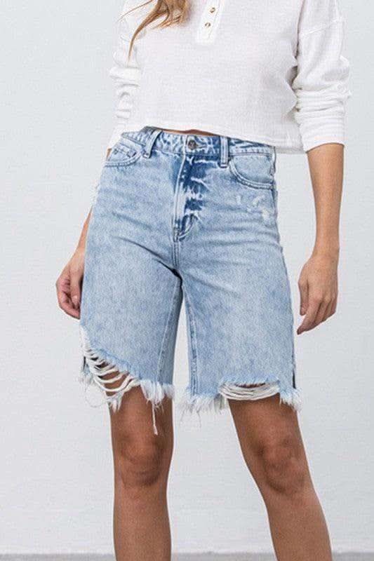 Denim Lab USA High Rise Frayed Hem Bermuda Denim Shorts - SwagglyLife Home & Fashion