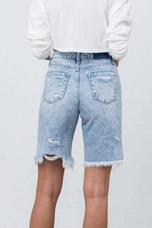 Denim Lab USA High Rise Frayed Hem Bermuda Denim Shorts - SwagglyLife Home & Fashion