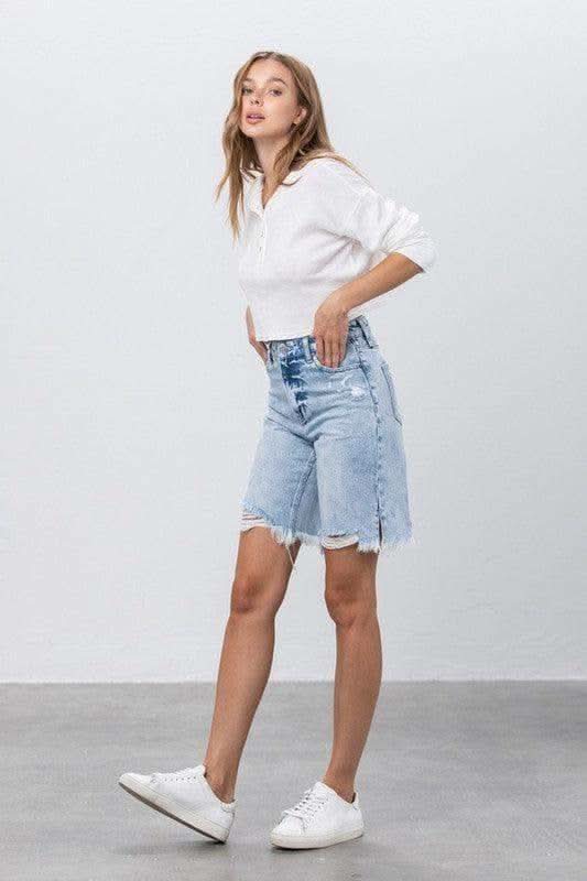 Denim Lab USA High Rise Frayed Hem Bermuda Denim Shorts - SwagglyLife Home & Fashion