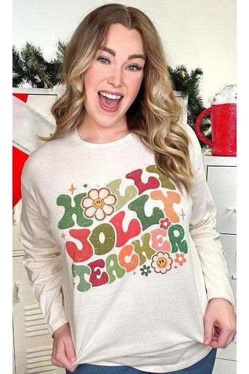 Holly Jolly Teacher Graphic BF Long Sleeve T-Shirt - SwagglyLife Home & Fashion