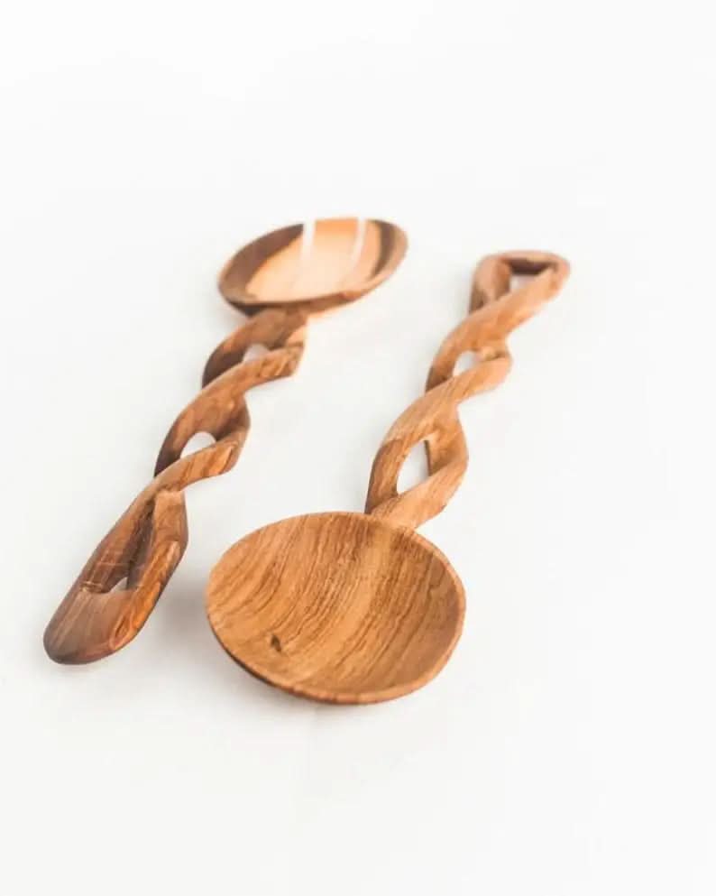 Olive Wood Spiral Salad Servers - SwagglyLife Home & Fashion