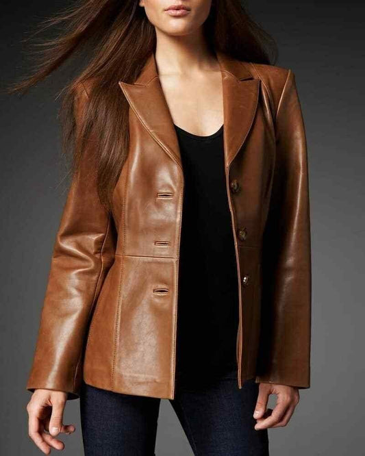 Brown 100% Real Leather Korean Style Slim Fit Women's Blazer in - Coats & Jackets photo