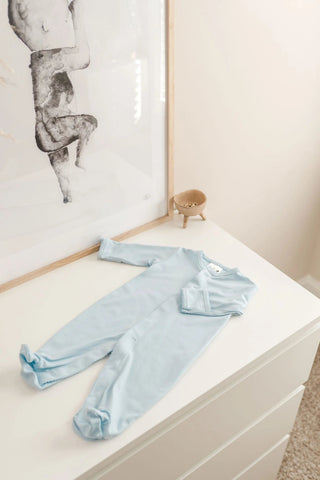 Stroller Society Premium Pima Cotton Footie - Infant apparel in Baby Blue - Onesies photo