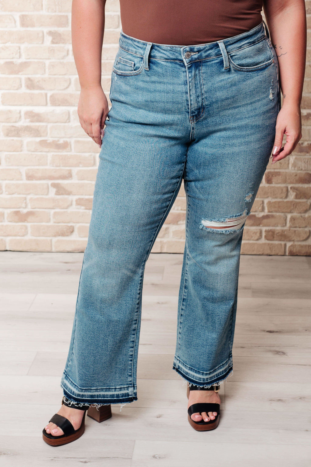 Isla Mid Rise Distressed Released Hem Bootcut Jeans - SwagglyLife Home & Fashion