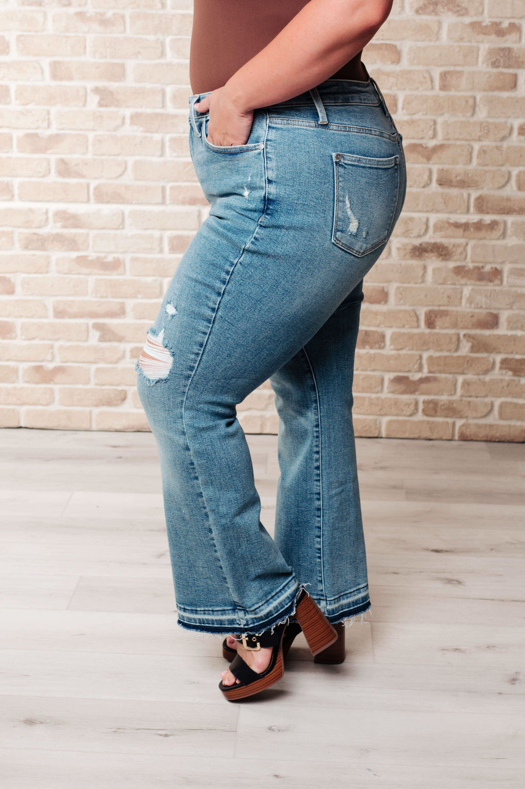 Isla Mid Rise Distressed Released Hem Bootcut Jeans - SwagglyLife Home & Fashion