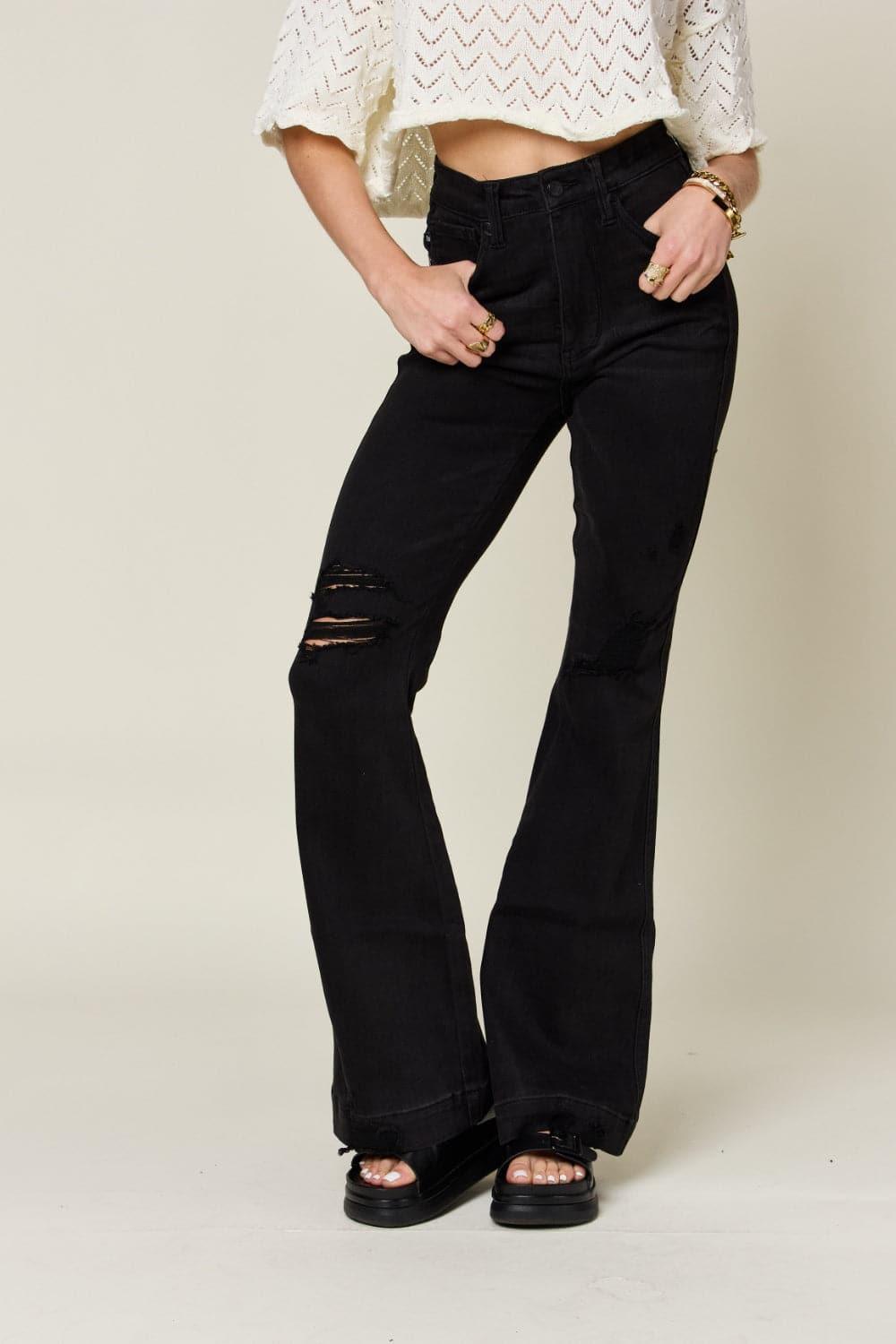 Judy Blue Full Size High Waist Distressed Flare Jeans - SwagglyLife Home & Fashion