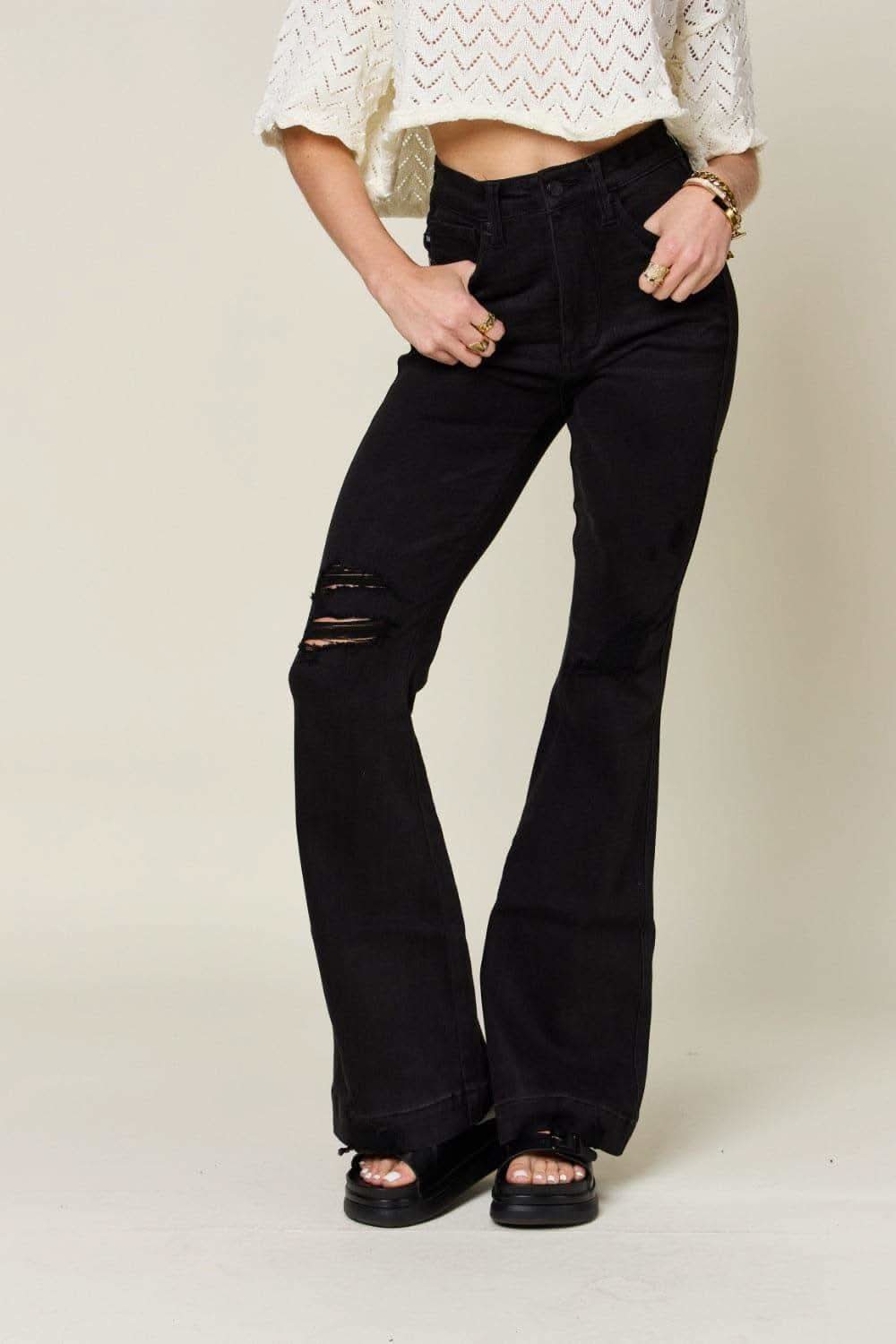 Judy Blue Full Size High Waist Distressed Flare Jeans - SwagglyLife Home & Fashion