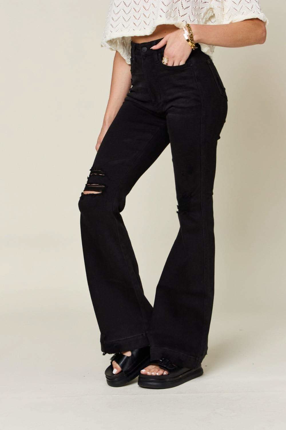 Judy Blue Full Size High Waist Distressed Flare Jeans - SwagglyLife Home & Fashion