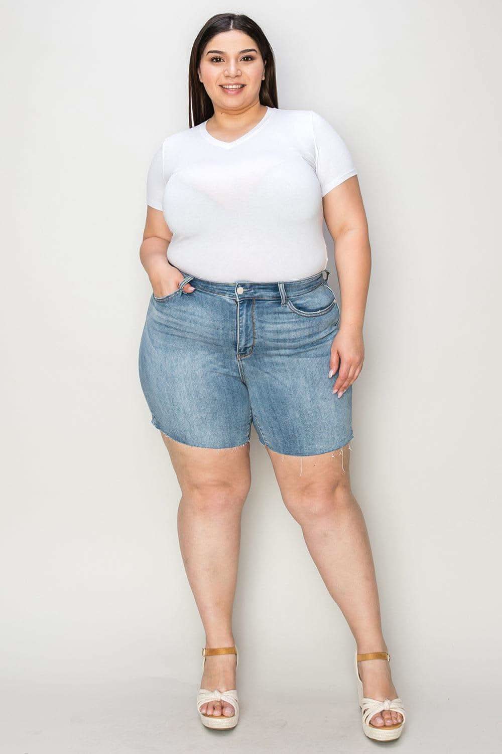 Judy Blue Full Size High Waist Raw Hem Denim Shorts - SwagglyLife Home & Fashion
