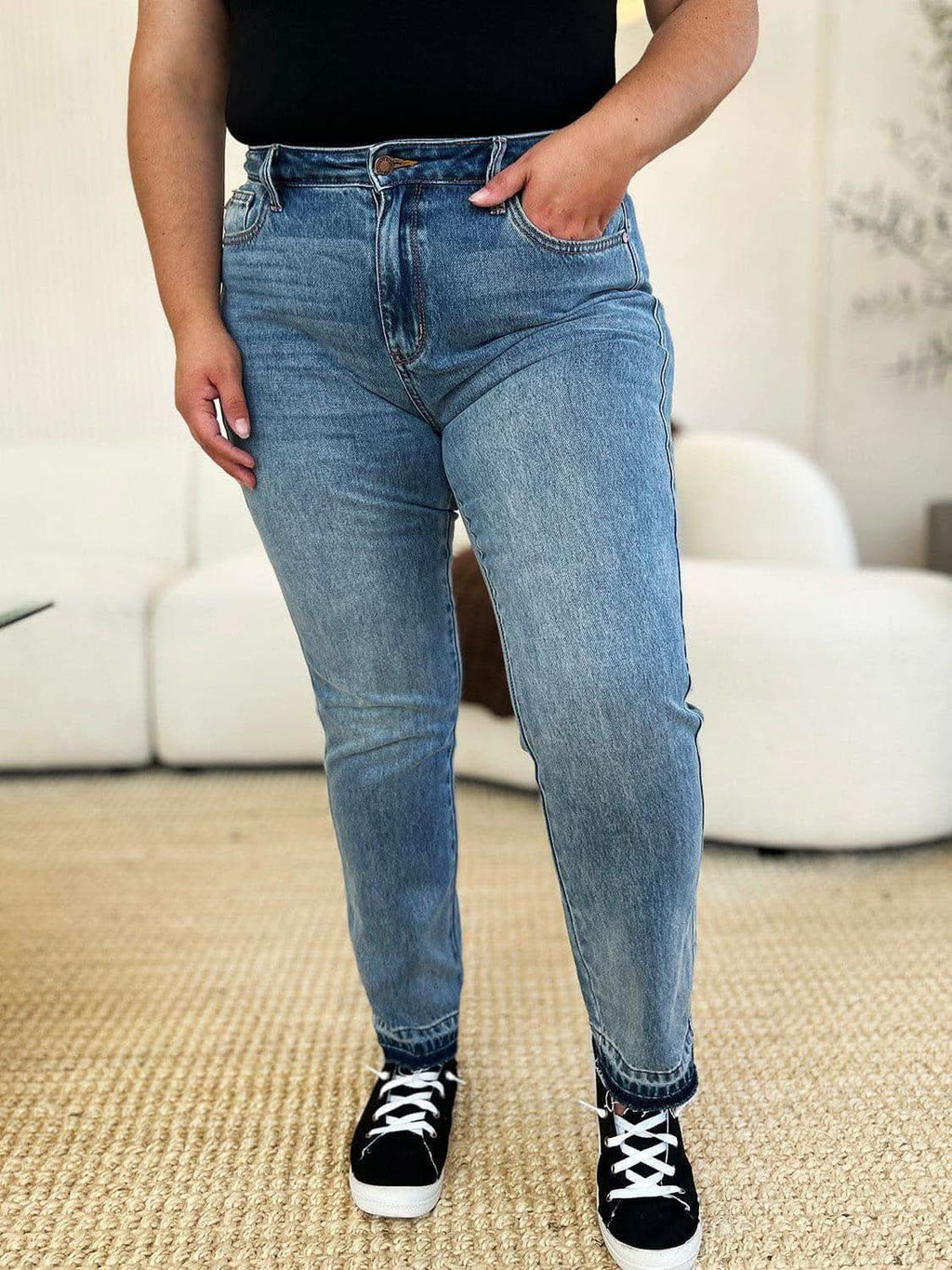 Judy Blue Full Size Mid Rise Rigid Magic Release Hem Jeans - SwagglyLife Home & Fashion