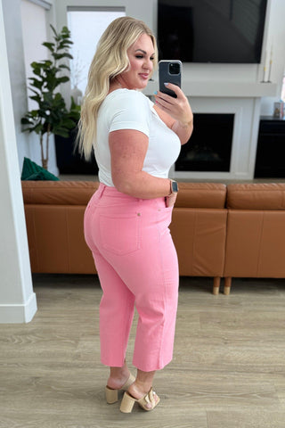 Judy Blue Lisa High Rise Control Top Wide Leg Crop Jeans in Pink - SwagglyLife Home & Fashion