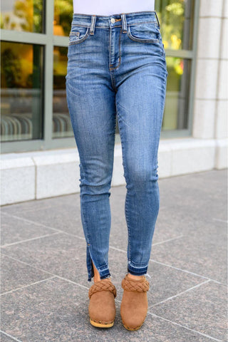 JUDY BLUE Winona Released Hem Side Slit Skinnies - SwagglyLife Home & Fashion