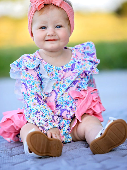 Unicorn Floral Print Girls Long Sleeve Romper -