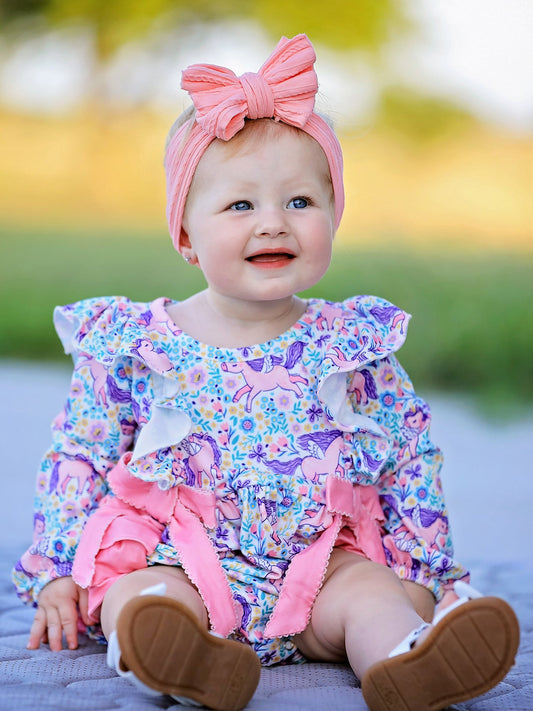 Unicorn Floral Print Girls Long Sleeve Romper -