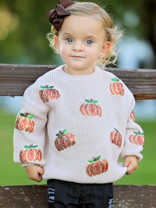 Thanksgiving Pumpkin Sequin Sweater – Beige, Perfect for Fall -