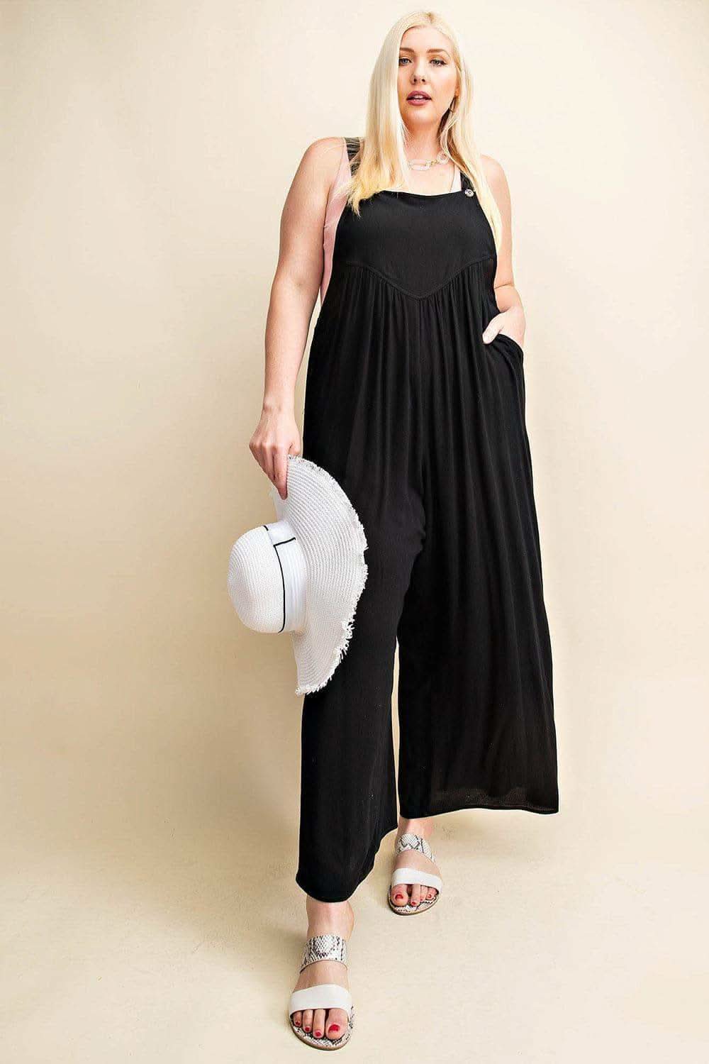Kori America Full Size Sleeveless Ruched Wide Leg Overalls - SwagglyLife Home & Fashion