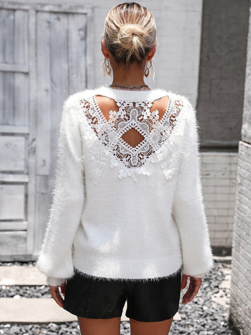 Lace Detail Cutout Long Sleeve Pullover Sweater, Multiple Colors - SwagglyLife Home & Fashion