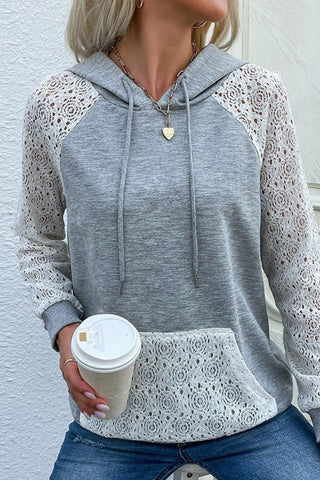 Lace Raglan Sleeve Drawstring Hoodie - SwagglyLife Home & Fashion