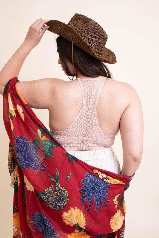 LETO Plus Size Ribbed Lace Boho Racerback Bralette, 1XL - SwagglyLife Home & Fashion