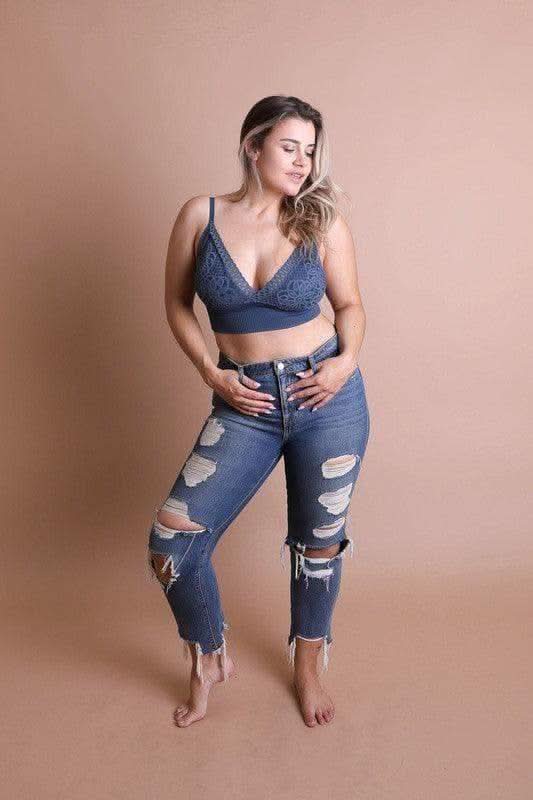 LETO Plus Size Waistband Loop Lace Brami - SwagglyLife Home & Fashion